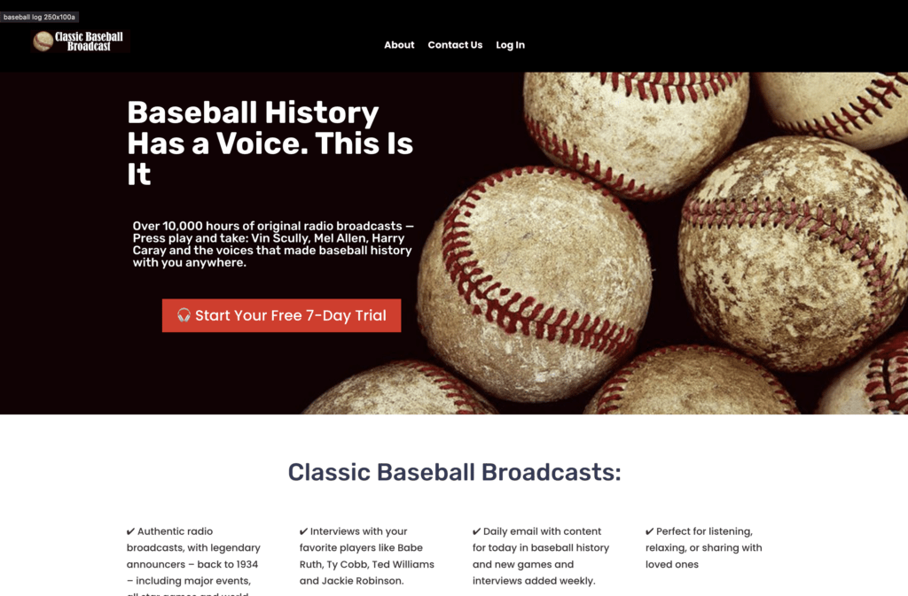 Screenshot of classicbaseballbroadcasts.com homepage