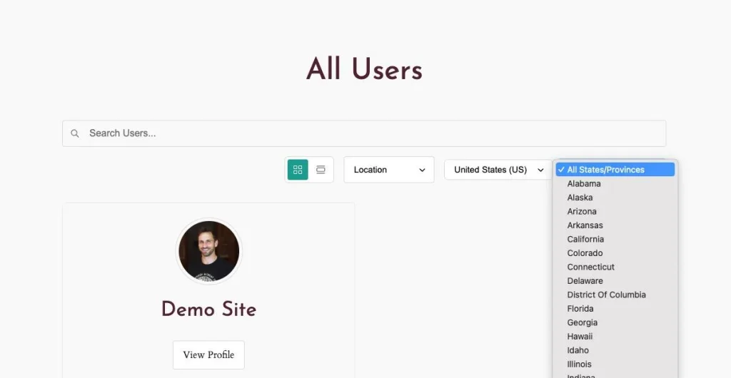 All Users page with a search bar, location filter, and a user card labeled Demo Site with a View Profile button.