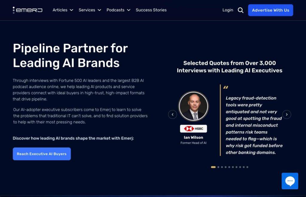 Emerj | MemberPress Dark navy hero banner: left-aligned headline'Pipeline Partner for Leading AI Brands' with descriptive paragraph and a blue CTA button; right shows a circular portrait (Ian Wilson) with HSBC logo and a quoted testimonial.