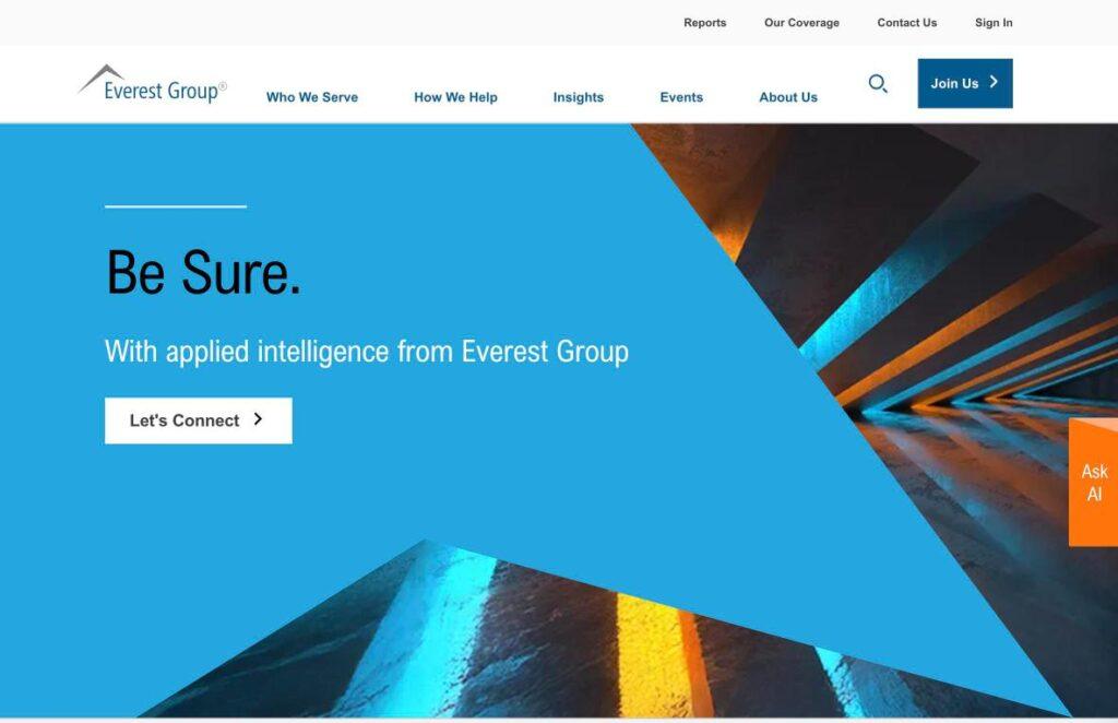 Everest-Group | MemberPress Be Sure hero banner with Everest Group branding and a white'Let's Connect' button on a blue geometric background.