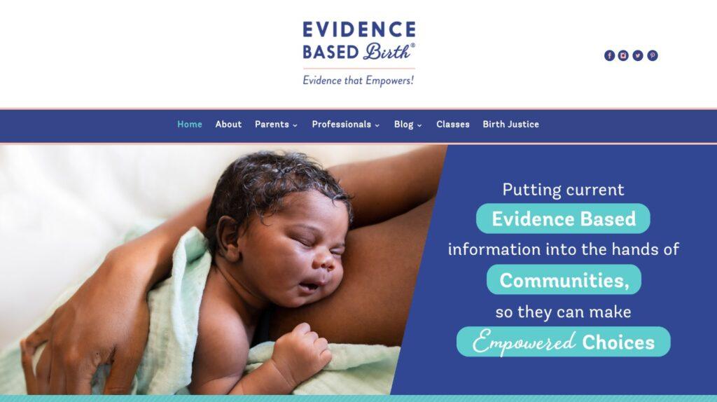 Newborn baby sleeping in a caregiver's arms beside a blue hero banner about evidence-based birth