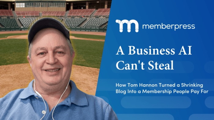 Tom Hannon Classic Baseball Broadcasts | MemberPress Featured image of Classic Baseball Broadcasts owner Tom Hannon, with the title A Business AI Can't Steal