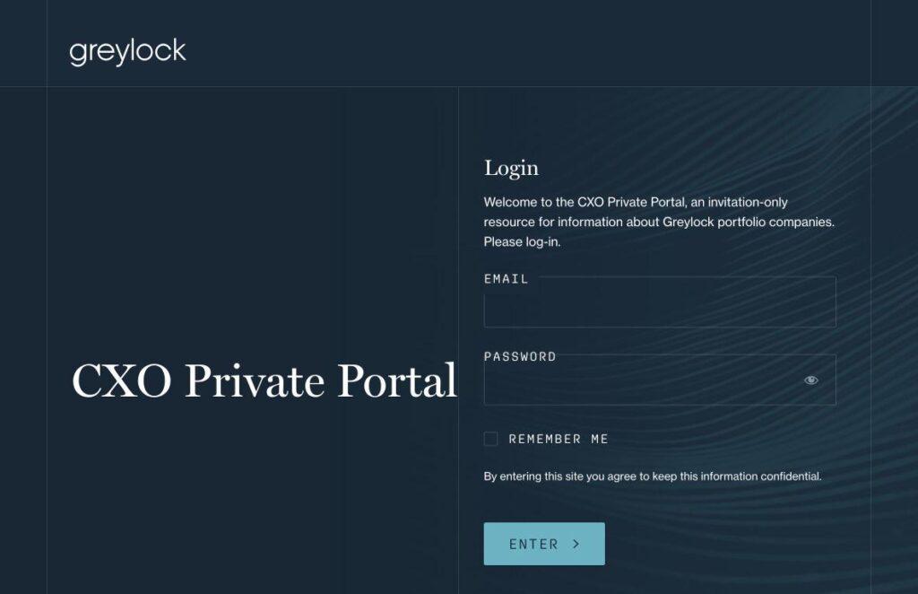 Greylock-CXO | MemberPress Greylock CXO Private Portal login screen with a large CXO Private Portal title and a right-hand login form (Email, Password, Remember me) and an Enter button on a dark textured background.
