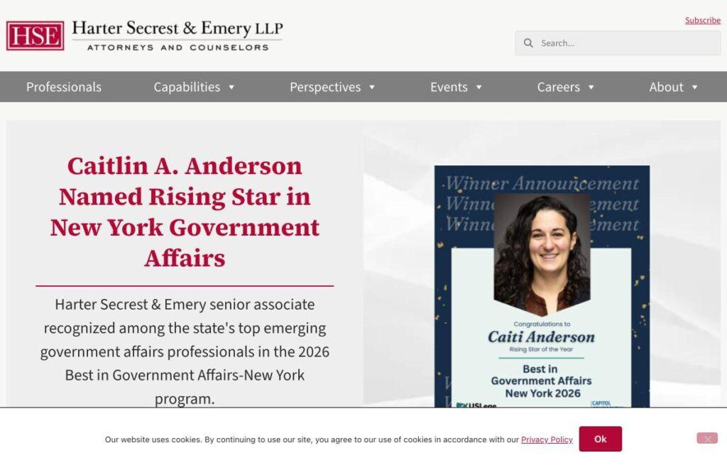 Harter-Secrest-Emery | MemberPress Caitlin A. Anderson named Rising Star in New York Government Affairs; plus an award certificate image on the right.