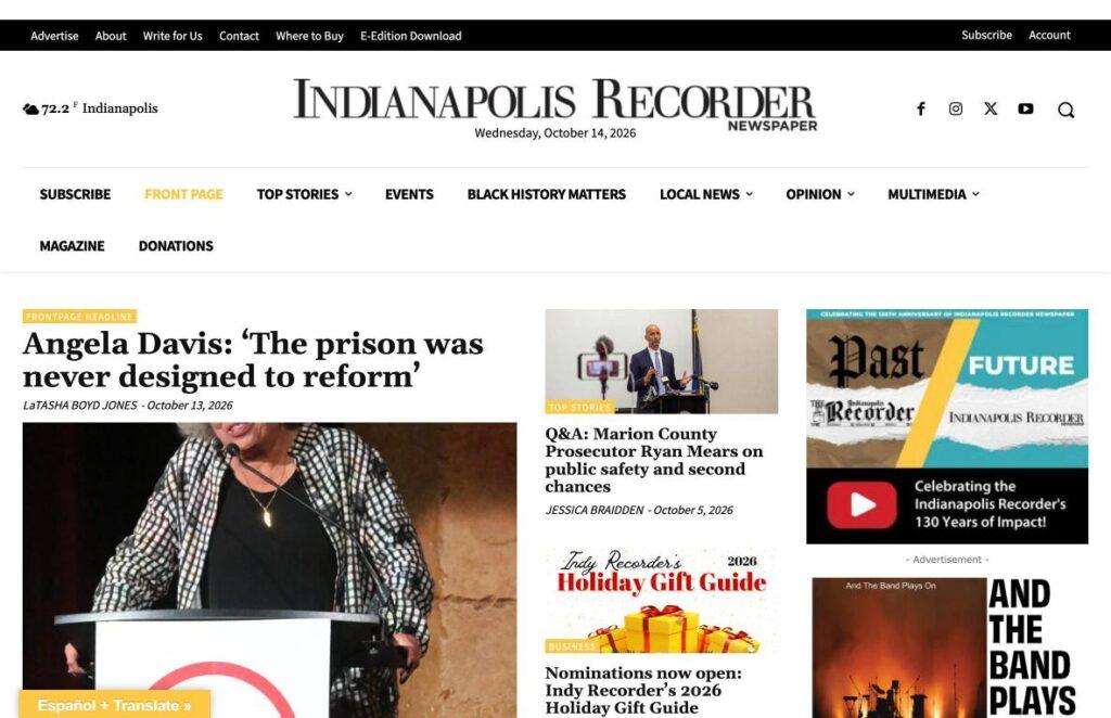 Indianapolis Recorder Homepage Screenshot | MemberPress Headline feature: Angela Davis article with a photo of a speaker at a podium on the Indianapolis Recorder front page, Oct 13, 2026.