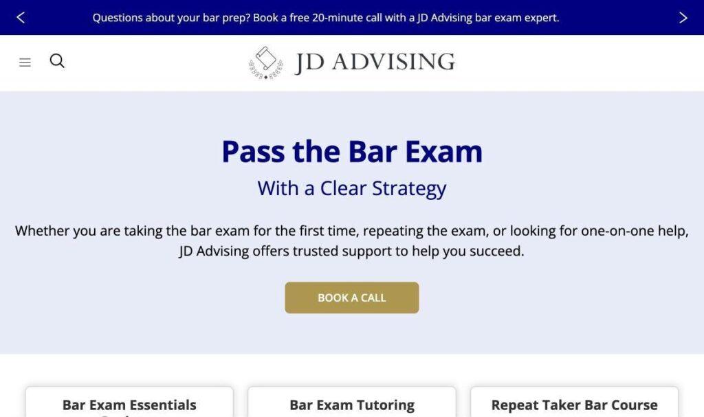 JD-Advising | MemberPress JD Advising hero banner with the headline'Pass the Bar Exam' and subheading 'With a Clear Strategy'; gold 'Book a Call' button emphasized as the primary action.