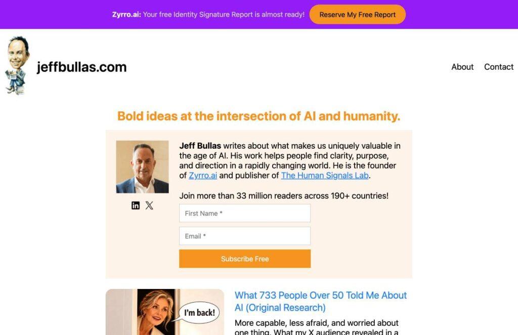Jeff-Bullas | MemberPress Homepage screenshot of jeffbullas.com with a purple promo banner, logo, navigation, orange headline about AI and humanity, and a beige signup card showing Jeff's photo and a subscribe form.