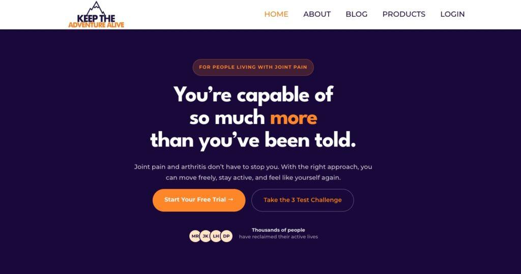 Hero section on a purple background with a bold headline, a small badge about joint pain, supporting text, and two CTA buttons: 'Start Your Free Trial' and 'Take the 3 Test Challenge'.