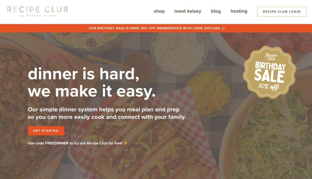 Hero banner for Recipe Club with bold white headline'dinner is hard, we make it easy' over a background of bowls and food, and an orange 'GET STARTED' button visible.