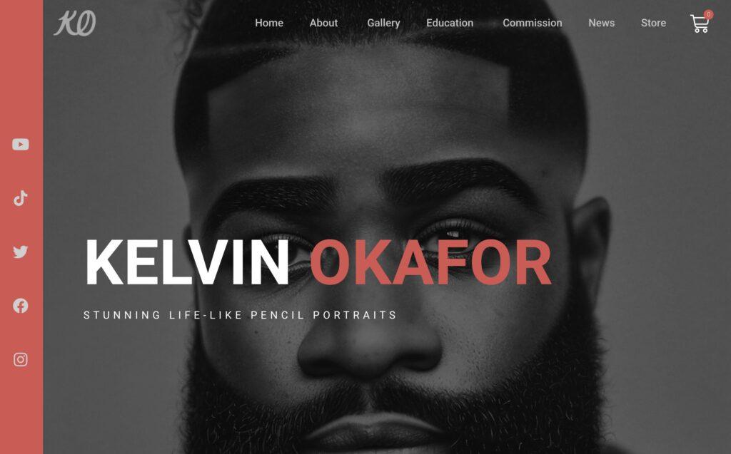 Kelvin Okafor Homepage Screenshot | MemberPress Close-up black-and-white portrait of Kelvin Okafor with bold white name text across the image, used as a hero banner on a gallery site.