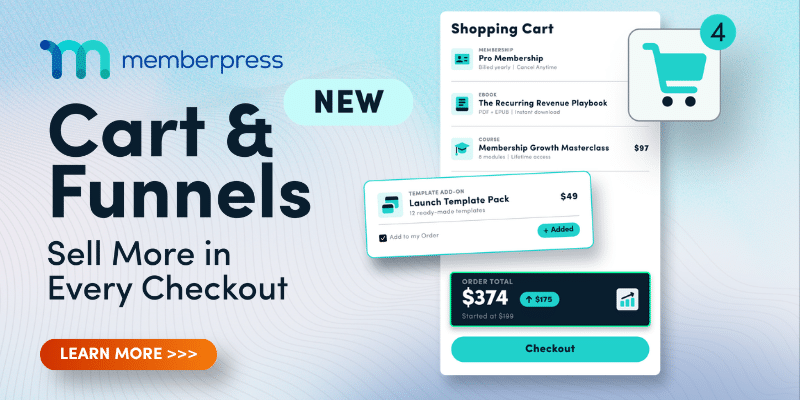 MP Carts Funnels AdSanity | MemberPress Banner for MemberPress Cart & Funnels: 'NEW' badge, checkout UI, and cart icon with 'Learn More' CTA