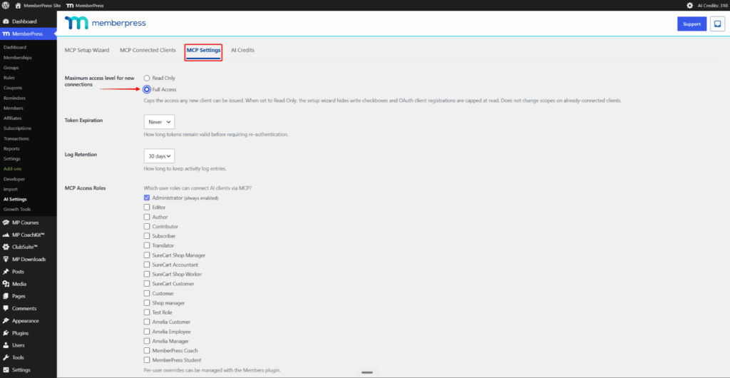 WordPress admin: MemberPress MCP Settings page showing tabs (MCP Setup Wizard, MCP Connected Clients, MCP Settings, AI Credits) and sections for access levels, token expiration, log retention, and role checkboxes.