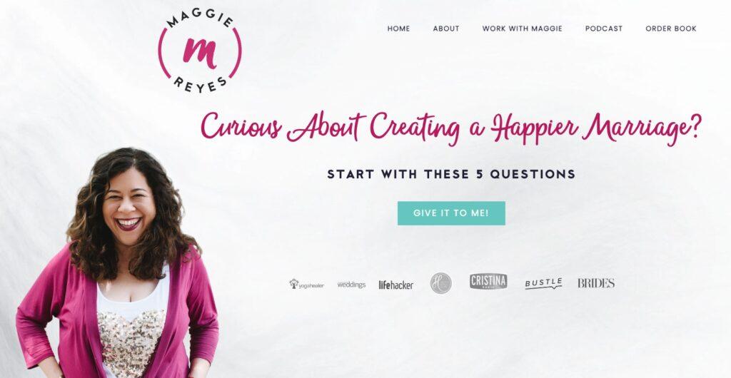 Smiling woman in a pink cardigan on a light textured background; bold pink script headline about a happier marriage and teal CTA'GIVE IT TO ME!'