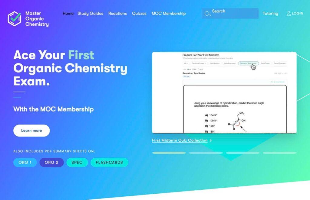 Master-Organic-Chemistry | MemberPress Hero banner promoting Master Organic Chemistry with headline'Ace Your First Organic Chemistry Exam' and a right-side preview image of a quiz screen.