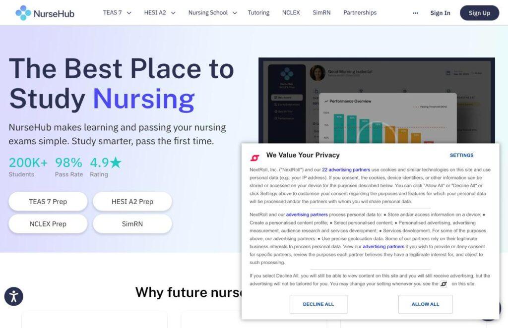 NurseHub | MemberPress NurseHub homepage hero: gradient blue banner with the headline'The Best Place to Study Nursing' and four rounded prep buttons, plus a cookie consent dialog overlay on the right.