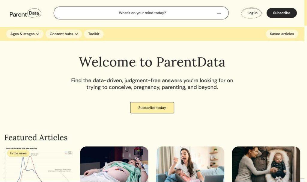 ParentData | MemberPress Homepage hero for ParentData: pale header with logo, search field, Log in and Subscribe buttons; large'Welcome to ParentData' title and 'Subscribe today' CTA; below are Featured Articles thumbnails and a cookie bar.