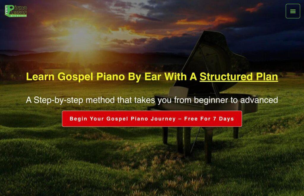 Piano-Lesson-With-Warren | MemberPress Hero banner with a grand piano in a sunny field at sunset; headline reads'Learn Gospel Piano By Ear With A Structured Plan' and a red call-to-action button: 'Begin Your Gospel Piano Journey – Free For 7 Days'; logo top-left and menu icon top-right.