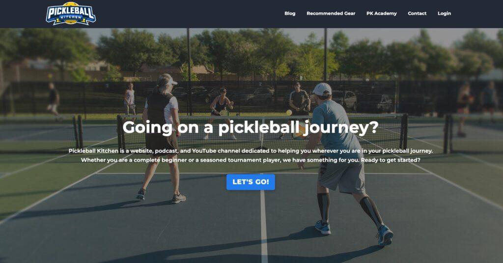 Outdoor pickleball players on a court with a bold hero headline about starting a pickleball journey.