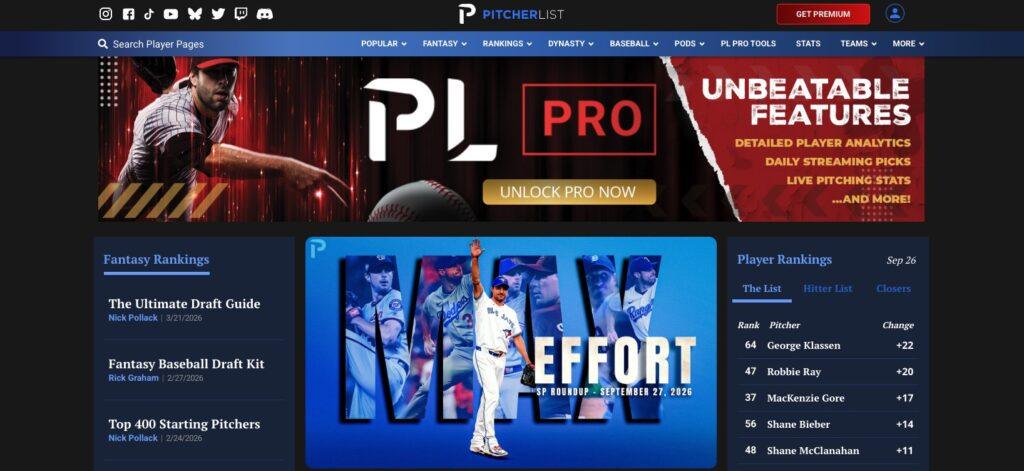 Hero banner for PitcherList site featuring a pitcher in action with 'UNBEATABLE FEATURES' text and 'Unlock Pro Now' button highlight.