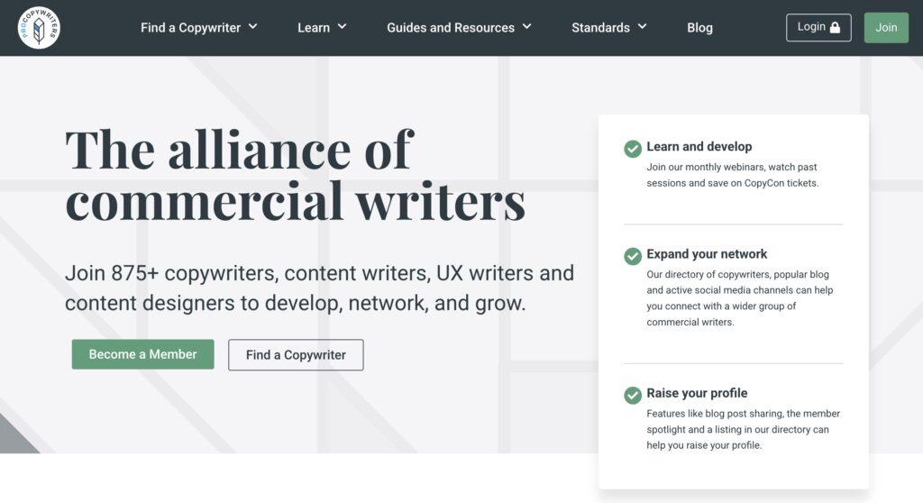 Procopywriters hompage screenshot | MemberPress Hero header showing'The alliance of commercial writers' with navigation bar and green 'Become a Member' and outlined 'Find a Copywriter' buttons, over a light geometric background.