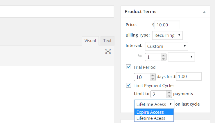 Product Terms editor showing: Price .00, Billing Type Recurring, Interval Custom (1), 10‑day Trial for  alt=