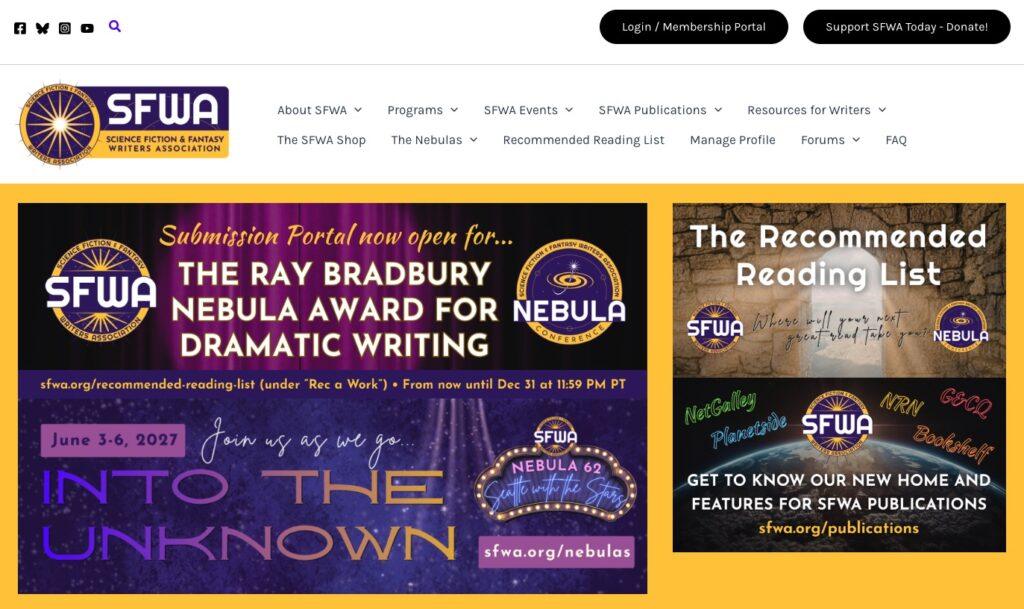 SFWA homepage hero with two large banners on a mustard background: left banner promotes the Nebula Award for Dramatic Writing; right banner promotes the Recommended Reading List.