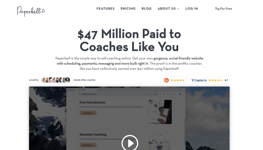 Hero section with Paperbell headline"$47 Million Paid to Coaches Like You", supporting text, row of coach avatars, and a video play button overlay.