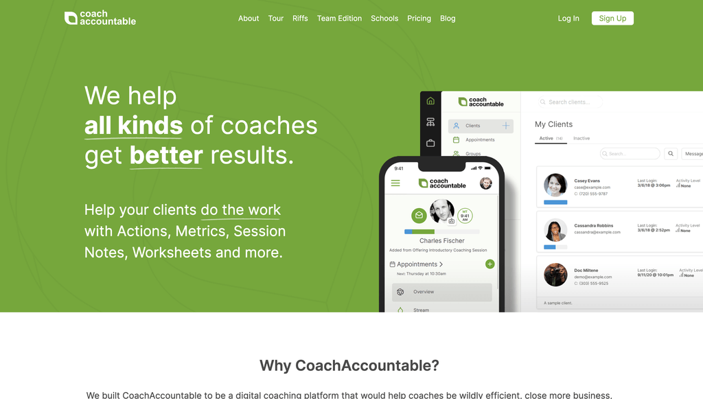 Green hero banner for CoachAccountable showing the headline “We help all kinds of coaches get better results” with device screenshots illustrating the coaching platform on the right.
