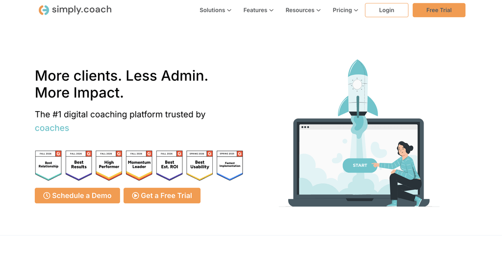 Hero section announcing Simply.coach:'More clients. Less Admin. More Impact.' with rocket illustration and badges on the left and a laptop graphic on the right.