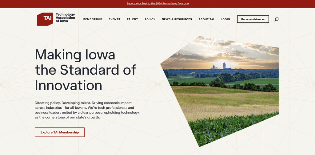 Hero banner with the headline “Making Iowa the Standard of Innovation” over a geometric beige background and a cutout photo of farmland and a distant city skyline.