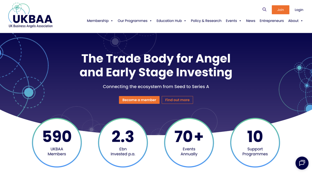 Hero banner for UK Business Angels Association showing the headline'The Trade Body for Angel and Early Stage Investing' with orbital graphics and call-to-action buttons 'Become a member' and 'Find out more'.