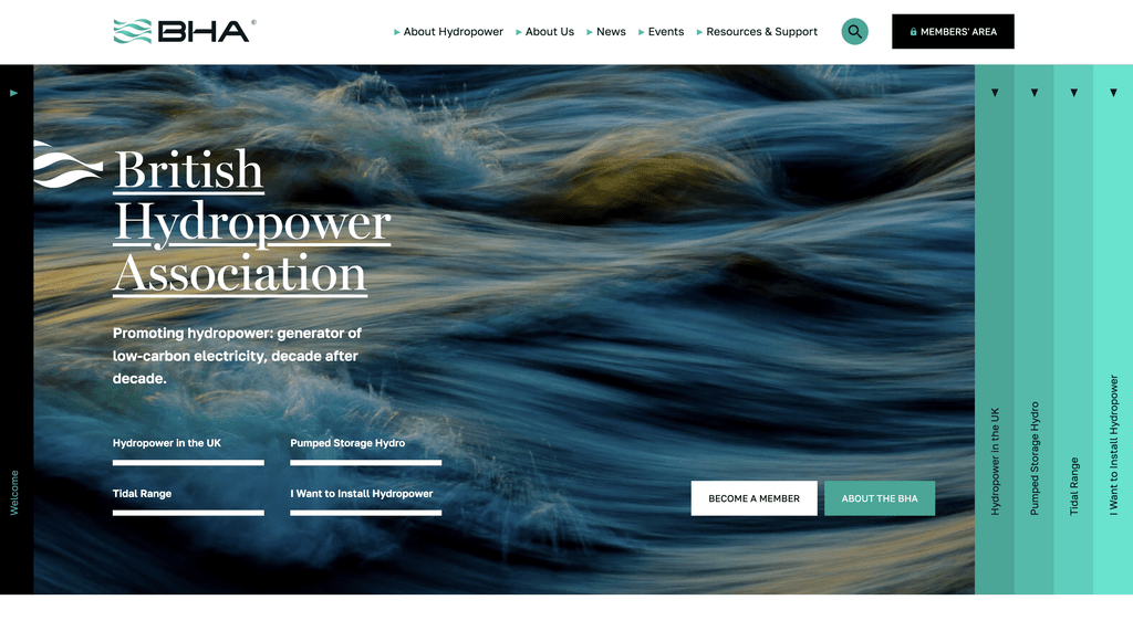 Hero banner for the British Hydropower Association with swirling water background and overlaid white title text.
