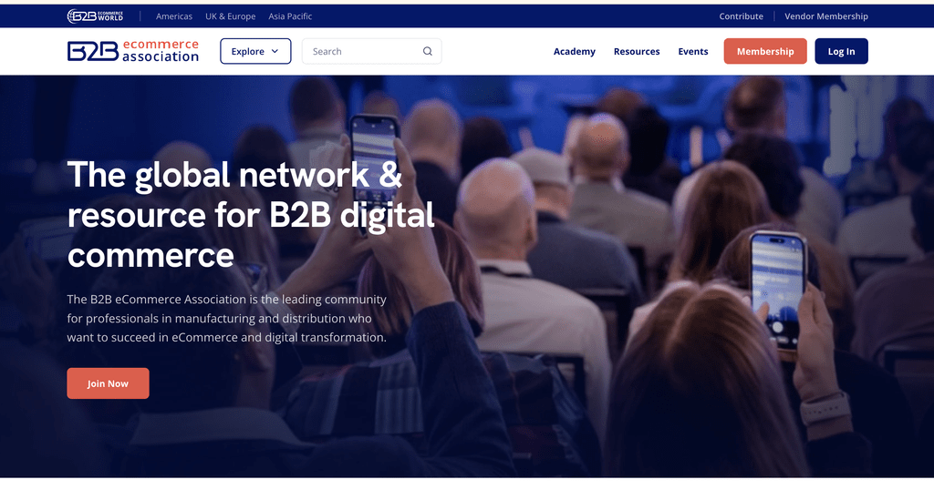 Hero banner showing a conference audience taking photos on smartphones, with the headline:'The global network & resource for B2B digital commerce'