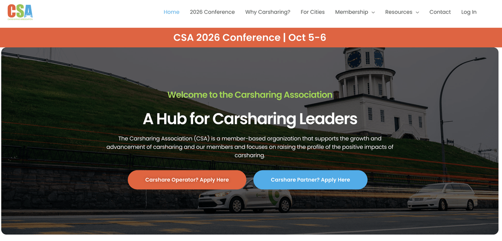 Hero banner for the Carsharing Association: announces CSA 2026 Conference with a hill, clock-tower building, and cars; prominently reads'A Hub for Carsharing Leaders' with two rounded CTA buttons.