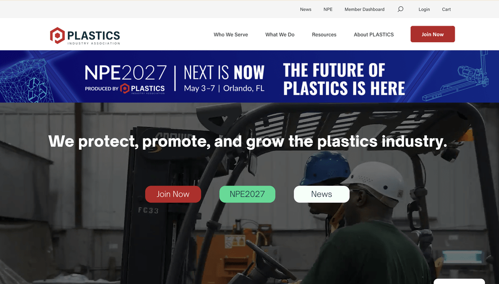 Hero banner with a forklift operator in a workshop and the message: 'We protect, promote, and grow the plastics industry.'