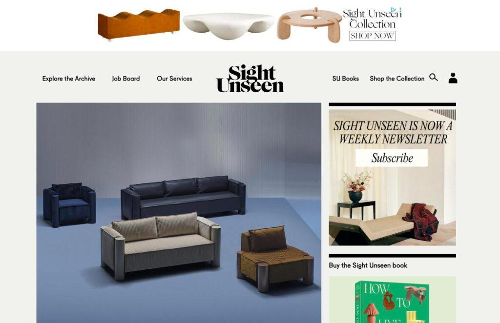 Sight-Unseen | MemberPress Group of modern living room sofas arranged in a showroom on a blue floor backdrop.
