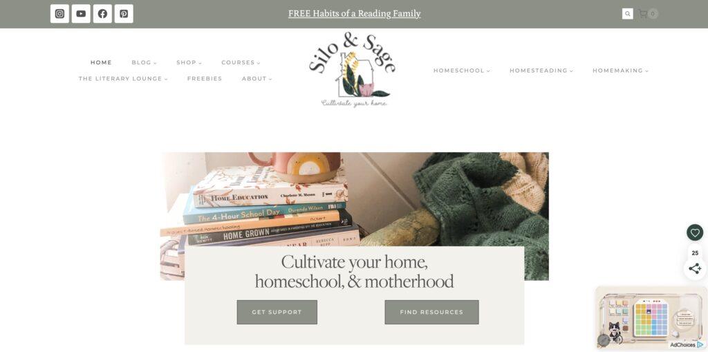 Sile and Sage | MemberPress Hero banner with a stack of homeschooling books beside a folded knitted blanket on a white background, conveying cozy, educational home life.