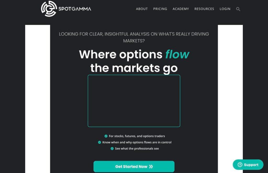 SpotGamma | MemberPress SpotGamma website hero: dark page with logo in top-left, navigation links across the top, large headline'Where options flow the markets go' and a teal-outlined rectangle graphic, followed by three bullet points and a teal 'Get Started Now' button, inviting users to learn about options analysis.