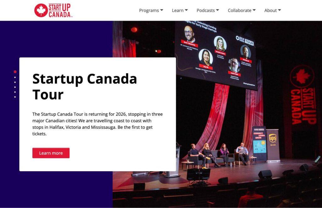 Startup-Canada | MemberPress Hero banner for Startup Canada Tour with a white text panel over a dark purple background and a stage panel discussion on the right; includes a Learn More button on the panel.