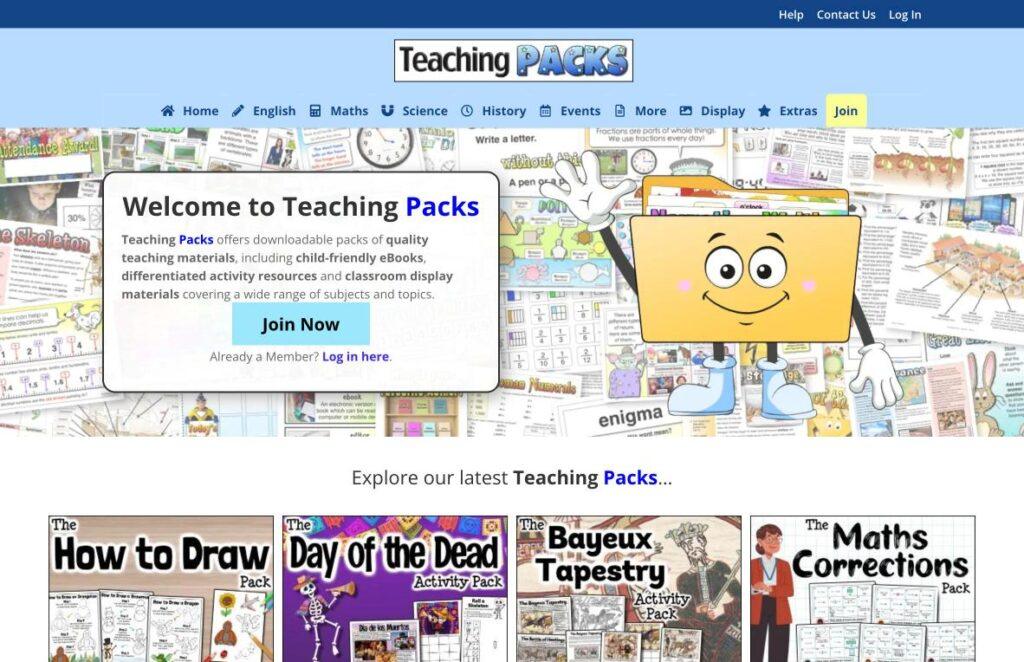 Teaching-Packs | MemberPress Hero image showing a blue site header and a cartoon smiling yellow folder character over a collage of teaching materials; welcome message invites users to Join Now.