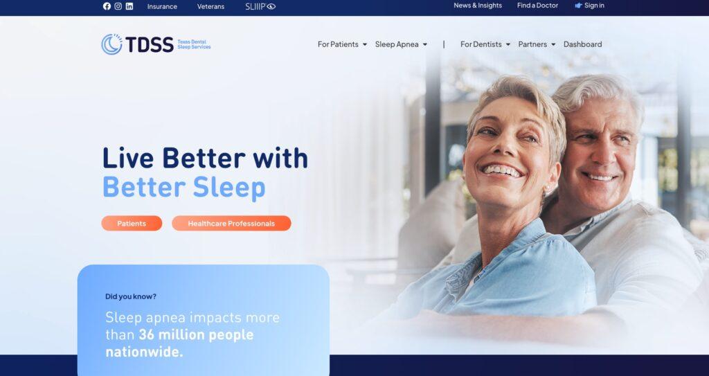 Hero banner of a sleep services site: smiling older couple; headline'Live Better with Better Sleep' with orange CTA pills 'Patients' and 'Healthcare Professionals'.