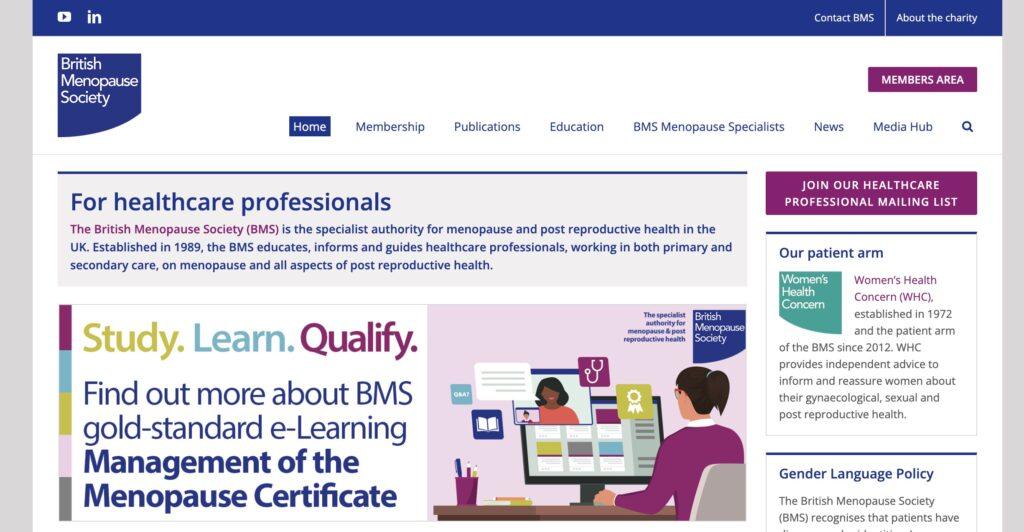 The British Menopause Society Homepage Screenshot | MemberPress Homepage screenshot of the British Menopause Society site showing header navigation, logo, and a large hero panel reading 'For healthcare professionals' with descriptive subtext.