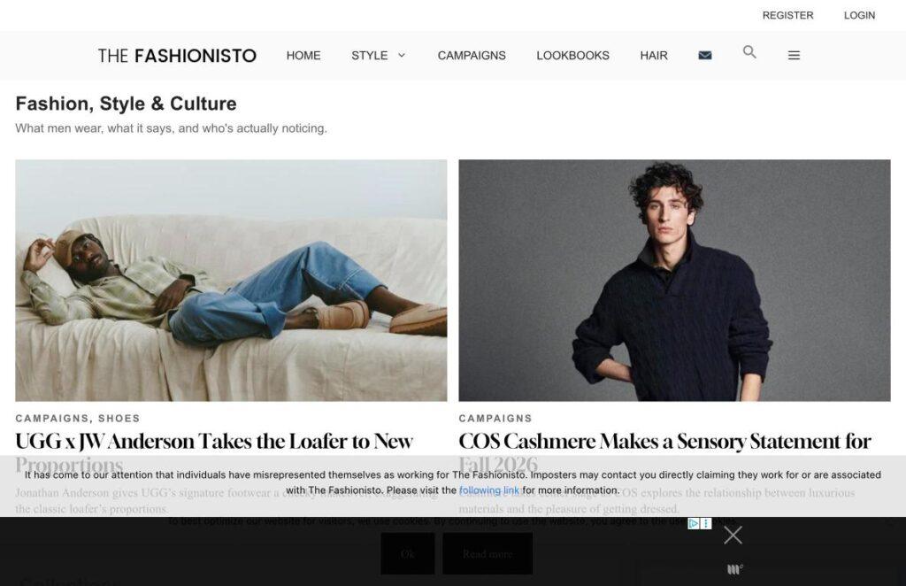 The-Fashionisto | MemberPress Two fashion article thumbnails: left shows a man lounging on a beige sofa in casual wear; right shows a male model in a dark knit sweater against a gray backdrop.