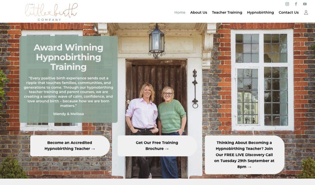 Two women stand in a brick doorway on a homepage hero; a green translucent panel reads 'Award Winning Hypnobirthing Training' with a quoted text, and three rounded CTA cards appear at the bottom left, center, and right.
