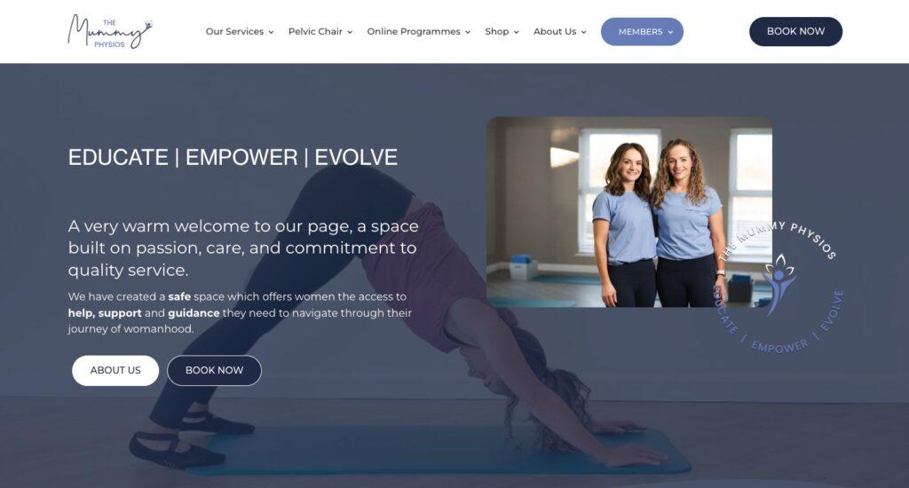 Hero section with the slogan'EDUCATE | EMPOWER | EVOLVE'; left-aligned intro text and two women in blue shirts inside a circular photo on the right against a dark overlay.