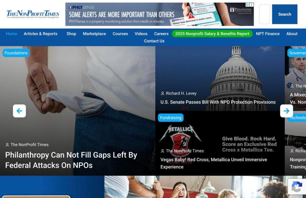 The-NonProfit-Times | MemberPress Collage of The NonProfit Times homepage hero grid with a left photo of a person pulling their shirt and a right image of the Capitol, above a blue navigation bar.