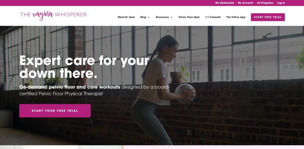Hero image with a woman holding a medicine ball in a bright studio; text promotes expert pelvic floor care and on-demand workouts.