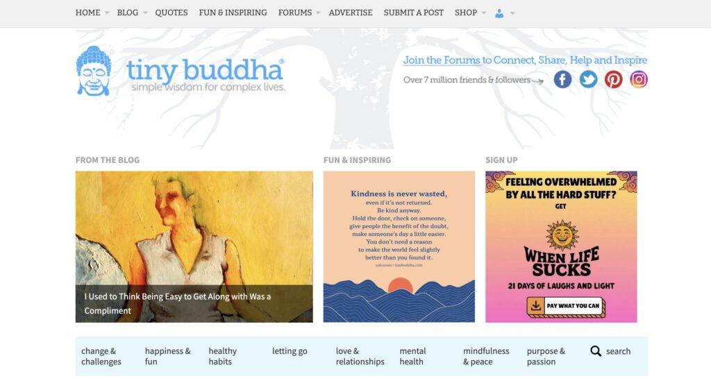 Tiny Buddha Homepage Screenshot | MemberPress Tiny Buddha homepage header with logo and navigation links (informational homepage banner). Please provide context for screen reader users if needed.