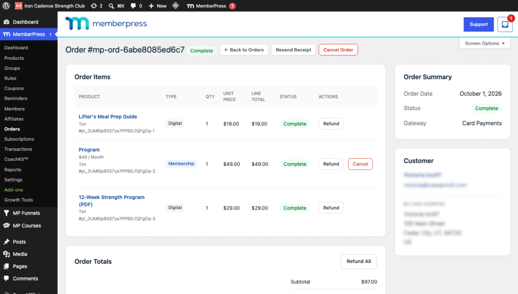 MemberPress order details page for order #mp-ord-6abe8085ed6c7 with item list and a Complete status; right panel shows Order Summary and Customer info.