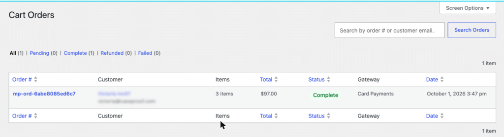 Cart Orders page with a one-item order: order # mp-ord-6abe8085ed6c7 for a customer (blurred) with 3 items, total .00, status Complete via Card Payments, dated Oct 1, 2026 3:47 pm